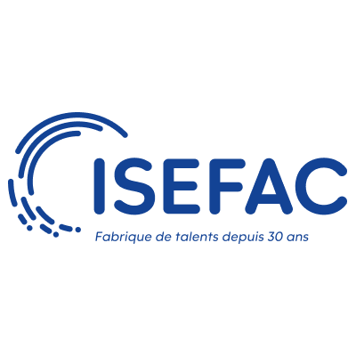 Logo de l'ISEFAC avec un motif abstrait bleu formant un cercle partiel et le nom "ISEFAC" en bleu, avec le slogan "Fabrique de talents depuis 30 ans" sous le nom.