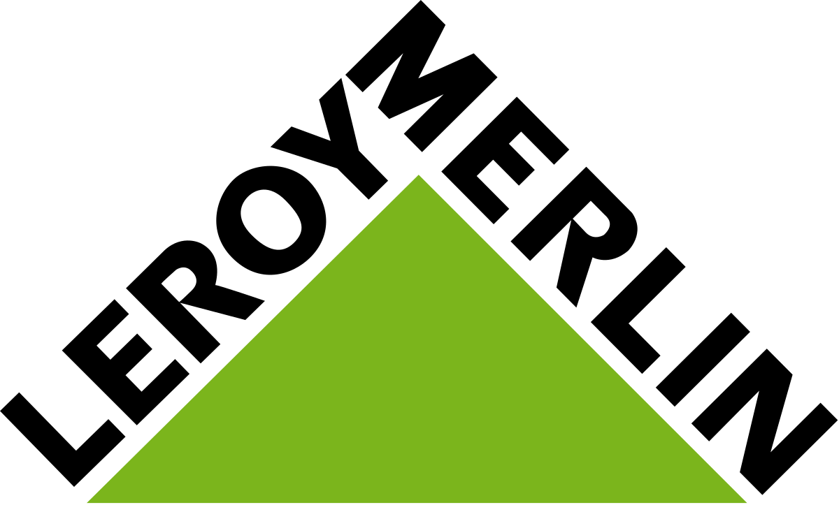 Logo de Leroy Merlin avec un triangle vert pointant vers le haut, représentant un toit de maison, avec le nom "Leroy Merlin" en dessous en caractères noirs.