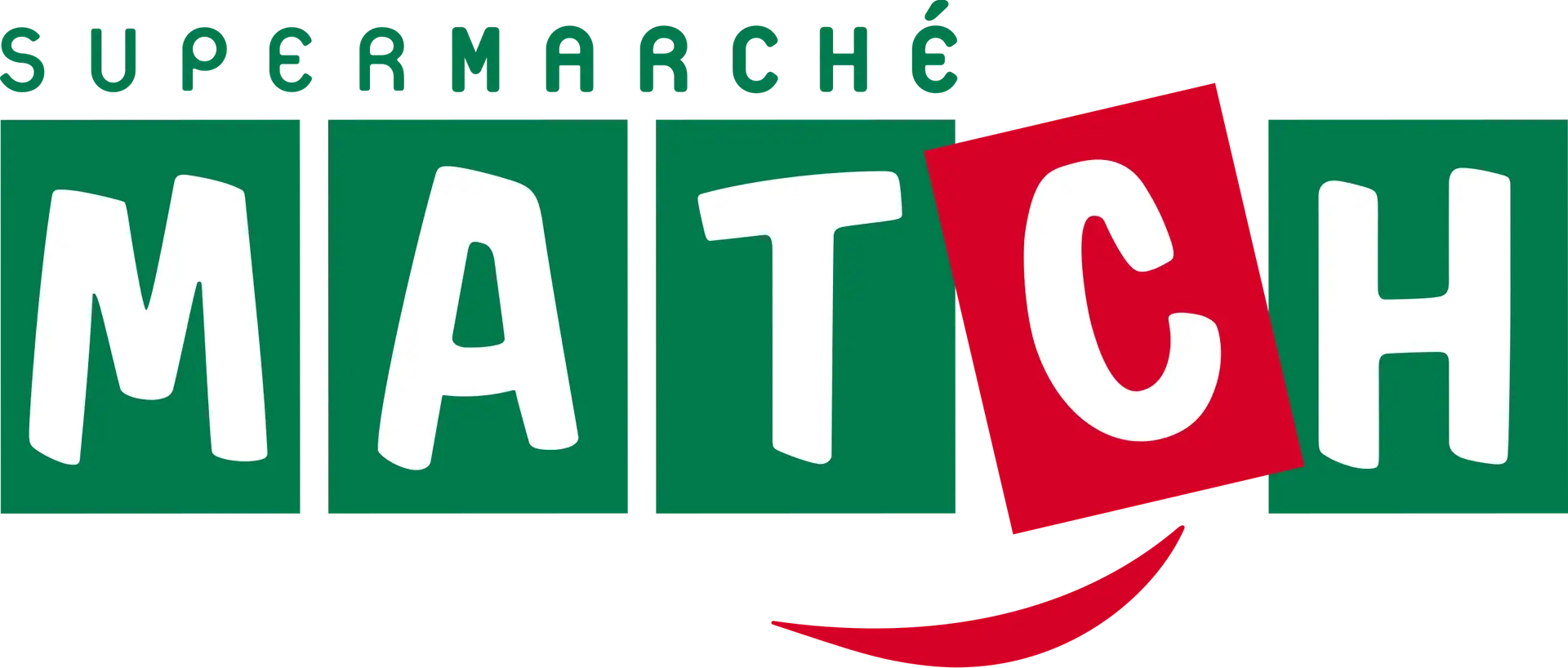 Logo du Supermarché Match avec "SUPERMARCHÉ" et "MATCH" en lettres vertes et le "C" de "MATCH" en rouge, avec une virgule stylisée en rouge sous le "T" et le "C".
