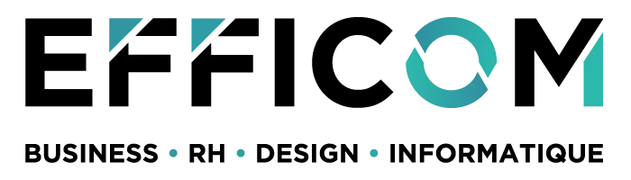Logo d'EFFICOM, avec le nom "EFFICOM" en noir accompagné de pastilles de couleurs bleu et vert clair, et les mots "BUSINESS - RH - DESIGN - INFORMATIQUE" en noir en dessous.