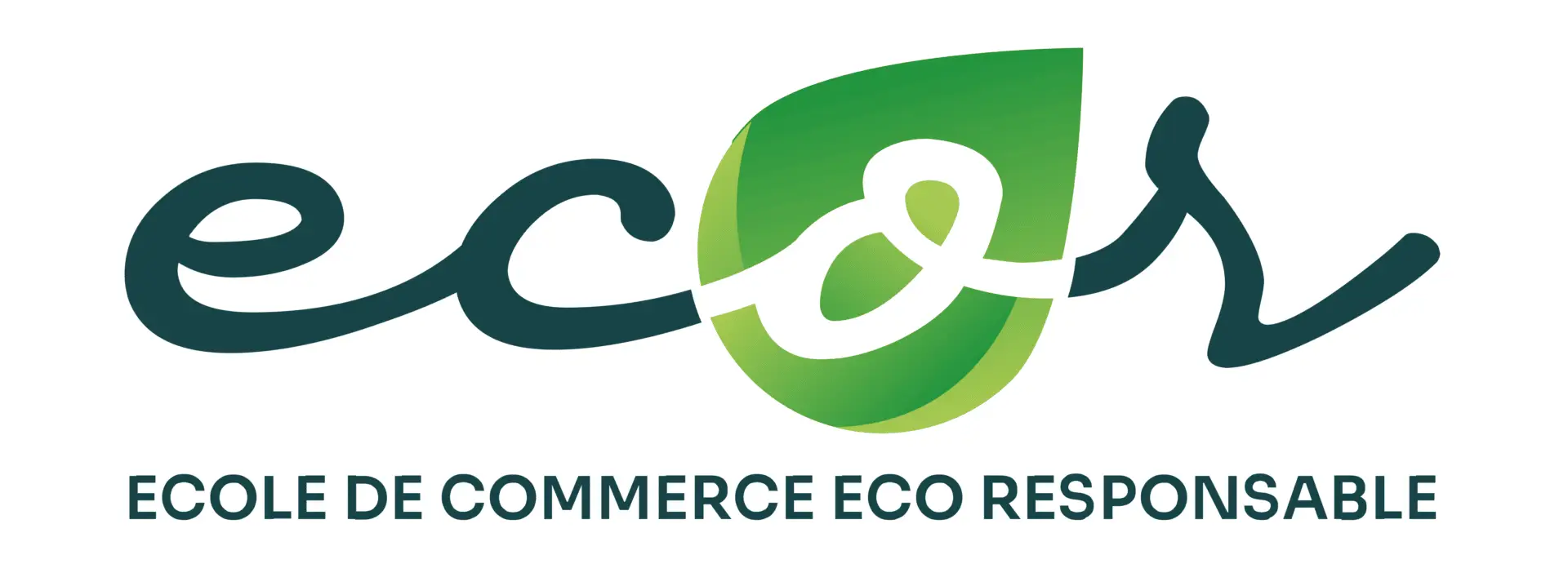 Logo de l'école de commerce ECOR avec un design écologique, combinant un vert foncé et un vert clair avec une feuille et le signe de l'infini, accompagné du texte "école de commerce eco-responsable" en vert.
